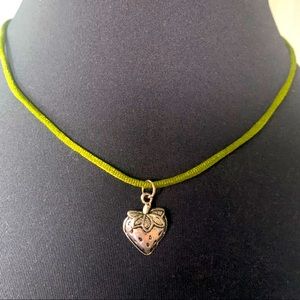 Necklace strawberry pendant charm on green satin